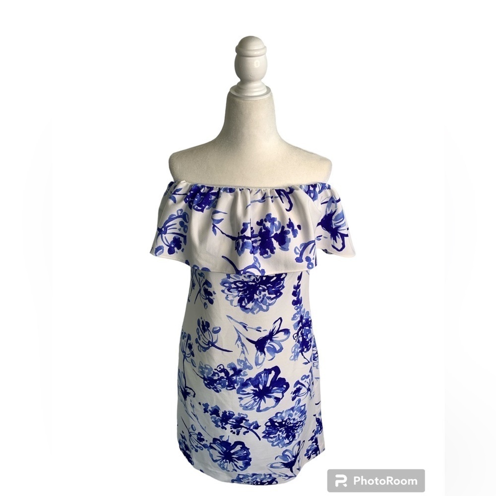 Lauren Ralph Lauren Floral Blue Off The Shoulder Ruffle Bodycon Dress sz 0